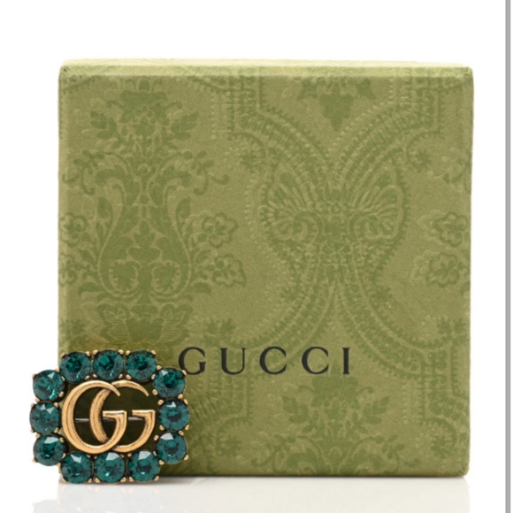 RARE! Gucci Metal Crystal Double G Brooch Aged Gold Green